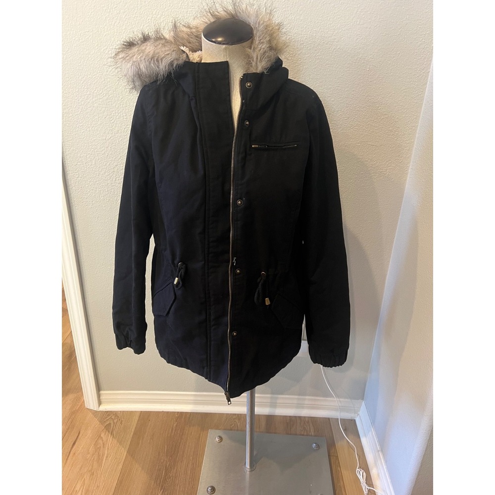 Glamsia Women's Black Hooded Parka Jacket Faux Fur Trim Cotton Coat Size M